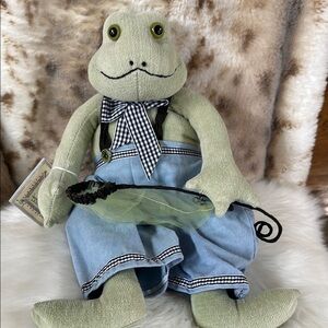 Bunnies by the bay Tad Pole  Frog Plush with Blue Overalls